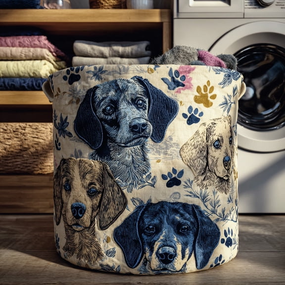Dachshund Toile De Jouy Quilted Laundry Basket, French Style Dog Hamper for Home Decor