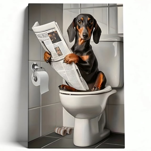 Dachshund On Toilet Reading Newspaper Canvas Wall Art, Humorous Bathroom Decor, Funny Pet Meme Artwork For Bathroom, Living Room, Office, Ready To Hang 8*12inch(20*30cm)