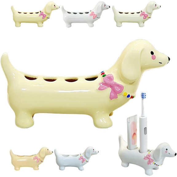 Dachshund Toothbrush Holder, Ceramic Dog Electric Toothbrush Holder, Dachshund Tooth Brush Rack, 2 or 4 Storage Compartments, Creative Cute Tooth Brush Holders for Bathroom(Yellow 4 Holes)