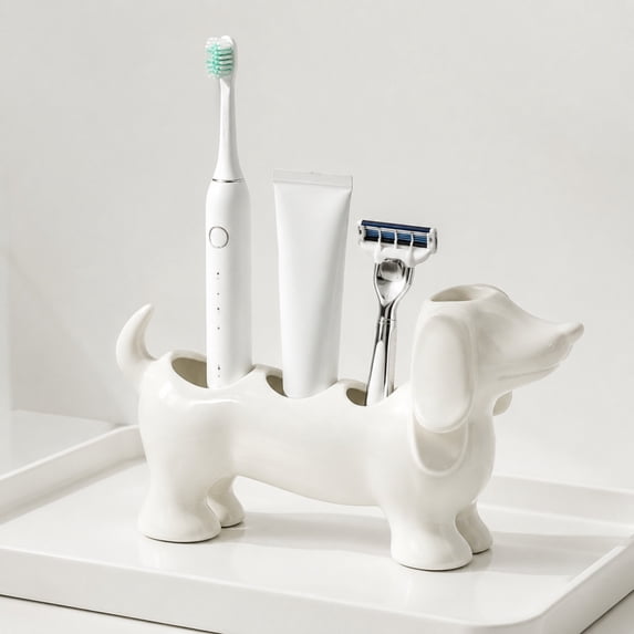 Dachshund Toothbrush Holder Organizer Base, Cute Resin Stand for Toothpaste and Makeup Brushes, Bathroom Countertop Storage