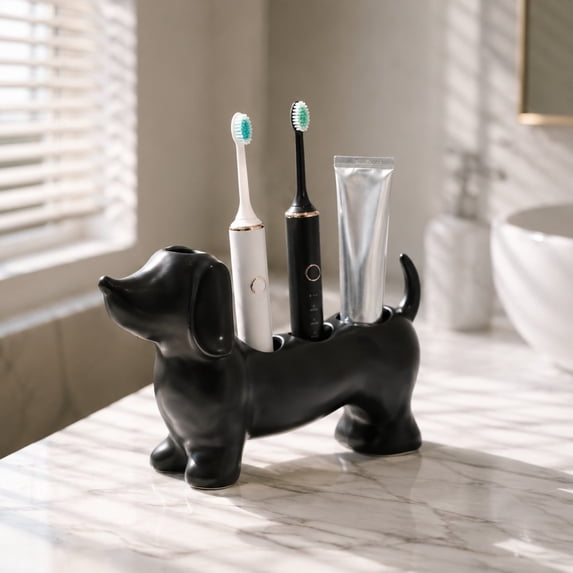 Dachshund Toothbrush Holder Organizer Base, Cute Resin Stand for Toothpaste and Makeup Brushes, Bathroom Countertop Storage