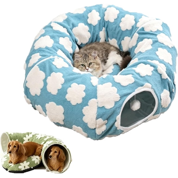 Dachshund Tunnel Bed, 2 in 1 Plush Foldable Dog Tunnel Donut Bed with Cushion, Enclosed Burrow Cave Bed for Mini & Standard Dachshunds, Indoor Small Dog and Cat Nest