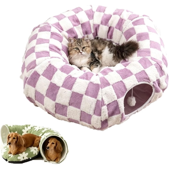 Dachshund Tunnel Bed, 2 in 1 Plush Foldable Dog Tunnel Donut Bed with Cushion, Enclosed Burrow Cave Bed for Mini & Standard Dachshunds, Indoor Small Dog and Cat Nest