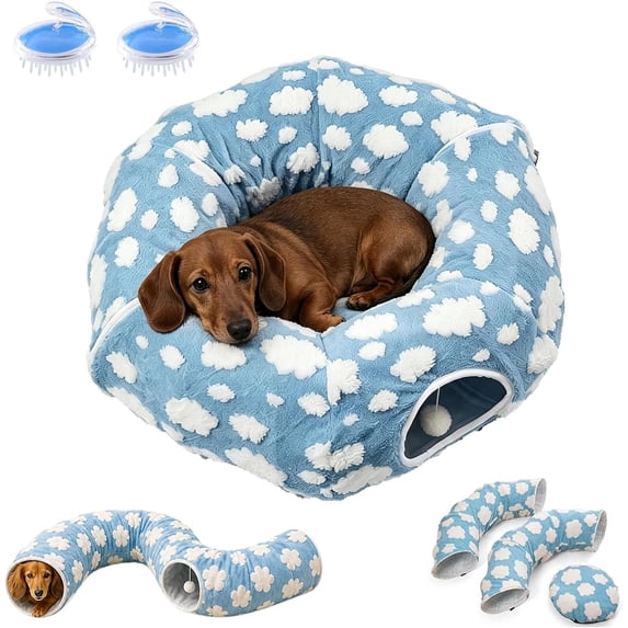 Dachshund Tunnel Bed, 3 in 1 Foldable Plush Burrow Pet Cave,Blue B