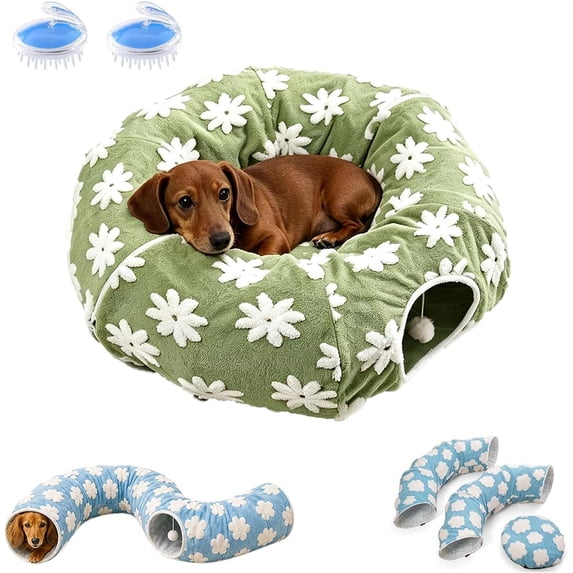 Dachshund Tunnel Bed, 3 in 1 Foldable Plush Burrow Pet Cave,Green