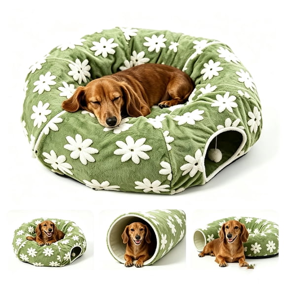 Dachshund Tunnel Bed,Foldable Dog&Cat Tunnel Bed with Plush Cave,Cozy Burrow Design with Plush Comfort,Washable Cushion and Interactive Play Tunnel Donut for Indoor Dogs and Cats.