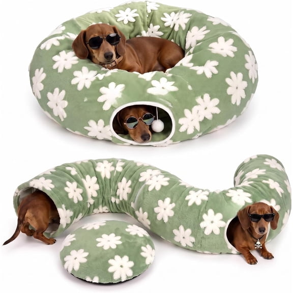 Dachshund Tunnel Bed, Plush Burrow Cave for Small Dogs Cats, Foldable Dog Tunnel with Non Slip Base, Washable Zipper Design, for Puppies Kittens,Green