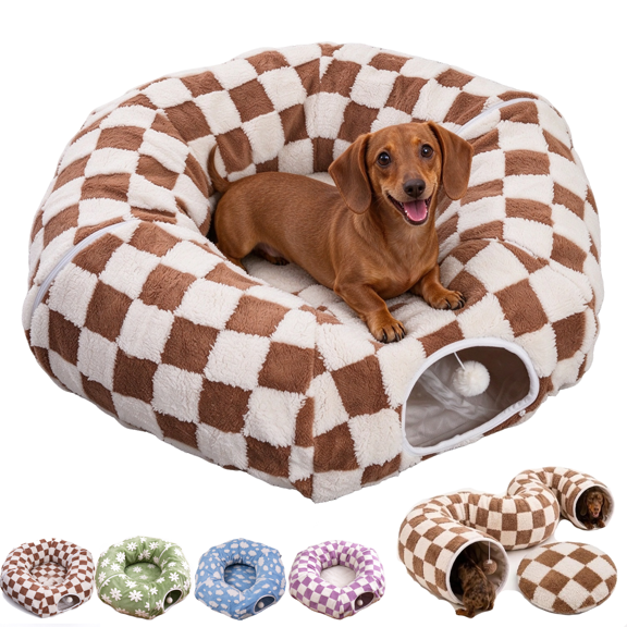 Dachshund Tunnel Bed, Plush Burrow Cave for Small Dogs Cats, Foldable Dog Tunnel with Non-Slip Base, Detachable Cushion, For Small Dogs