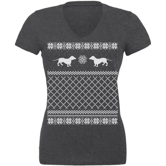 Dachshund Ugly Christmas Sweater Dark Heather Juniors V-Neck T-Shirt