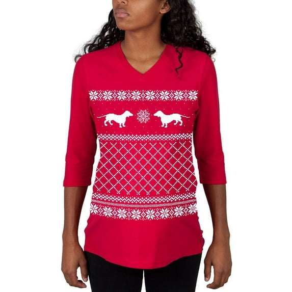 Dachshund Ugly Christmas Sweater Red Maternity 3/4 sleeve T-shirt - Medium