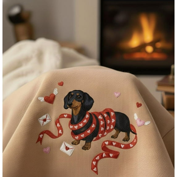 Dachshund Valentine Sweatshirt Embroidered, Dog Lover Gift, Heart Ribbon Puppy Sweater, Cozy Pet Lover Apparel