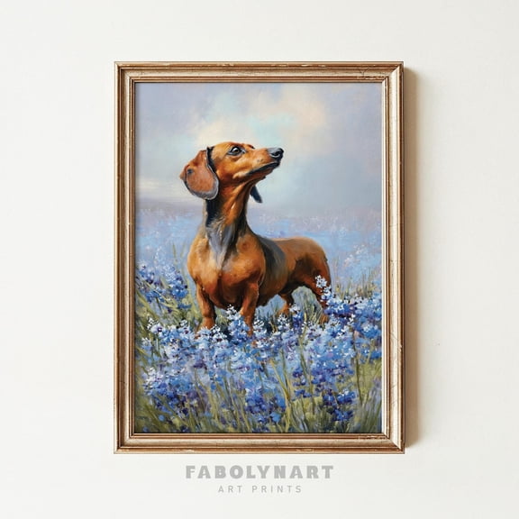 Dachshund Vintage Doxie Painting Rustic Bluebonnet Poster Unframed Paper Print