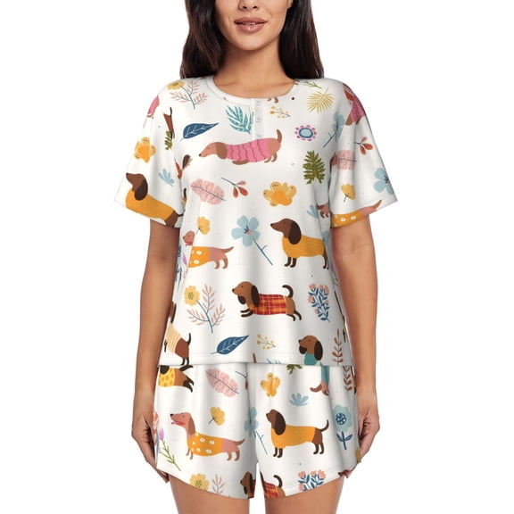 Dachshund Weiner Dog Women’S Short-Sleeved Pyjama Set Round-Neck Loungewear for Indoor and Outdoor