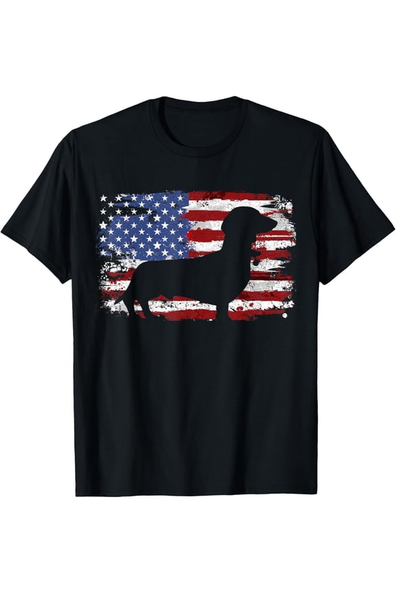 Dachshund Weiner Vintage American Flag T-Shirt men and women can wear, black, white, gifts