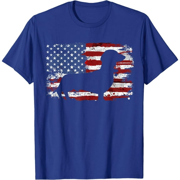 Dachshund Weiner Vintage American Flag Unisex T-Shirt for Men Women Kids Toddler,Royal Blue Color,Size 2XL