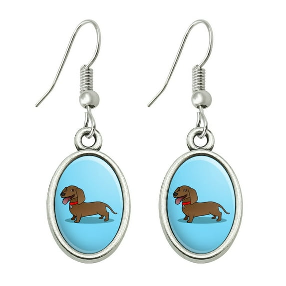 Dachshund Wiener Dog Cartoon Novelty Dangling Drop Oval Charm Earrings