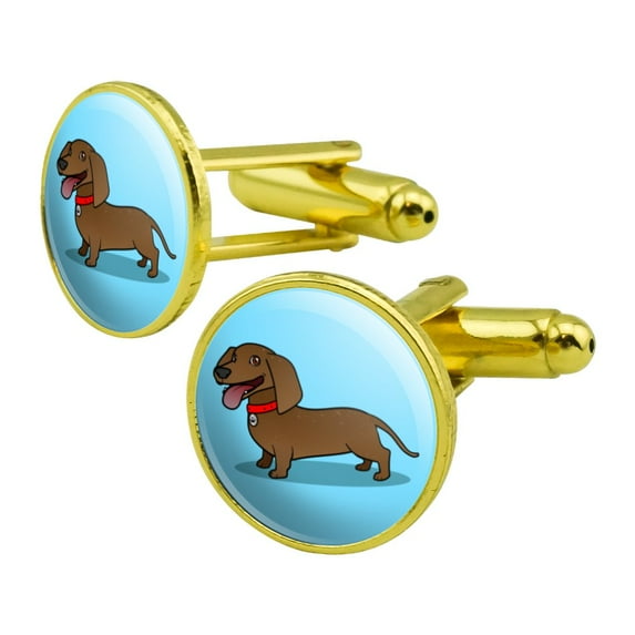 Dachshund Wiener Dog Cartoon Round Cufflink Set Gold Color