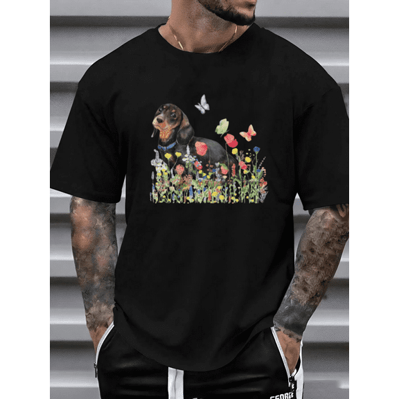 Dachshund With Butterflies And Flowers Spring Pet Art Unisex T-Shirt, for men & women, up to size 5XL