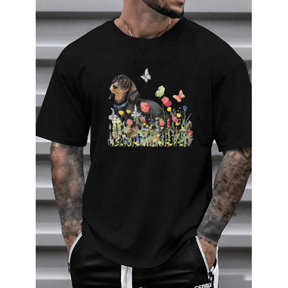 Dachshund With Butterflies And Flowers Spring Pet Art Unisex T-Shirt, for men & women, up to size 5XL