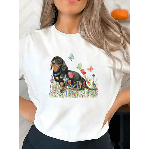 Dachshund With Butterflies And Flowers Spring Pet Art Unisex T-Shirt, for men & women, up to size 5XL