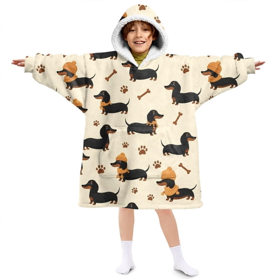 Dachshund and Bone Beige Pattern Lamb Fleece Blanket Hoodies for Teens ,Teens Oversize Sherpa Wearable Hooded Blanket Sweatshirt with Super Pockets