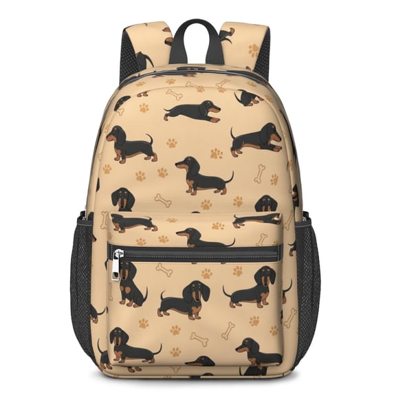 Dachshund and Bone Orange Pattern 17" School Backpacks for Teens,Waterproof Oxford Fabric,S-Shape Padded Straps for School,Travel,Hiking,Camping