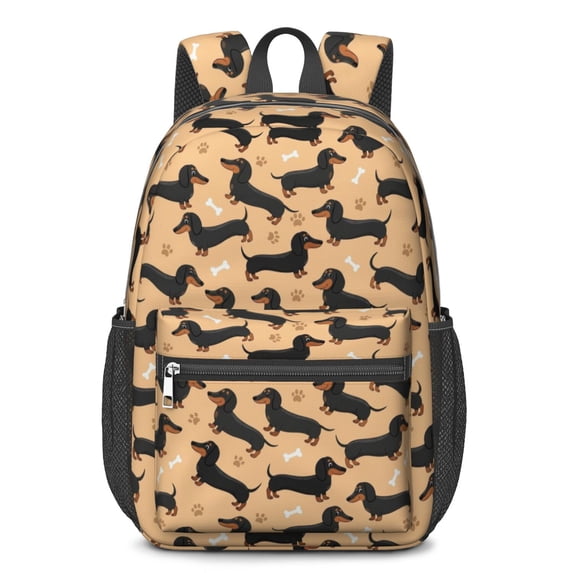 Dachshund and Bone Orange Pattern 17" Waterproof Oxford School Backpacks for Teens, S-Shape Padded Straps, for School, Travel, Hiking, Camping