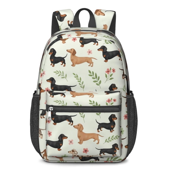 Dachshund and Floral Green Pattern 17" Waterproof Oxford School Backpacks for Teens, S-Shape Padded Straps, for School, Travel, Hiking, Camping