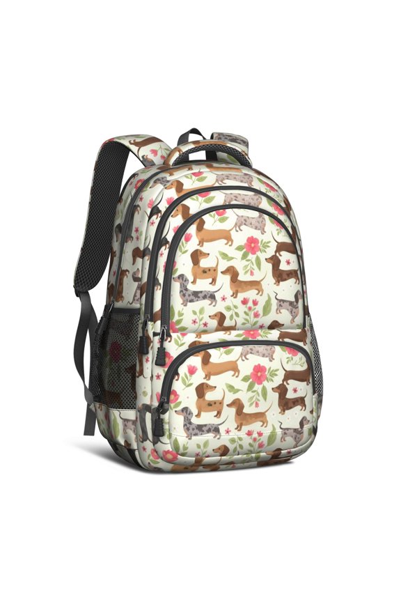 Dachshund and Floral Green Pattern Backpack for School, Cute School Bag with Adjustable Shoulder Straps and Padded Back, 16.9"x12.6"x5.9"