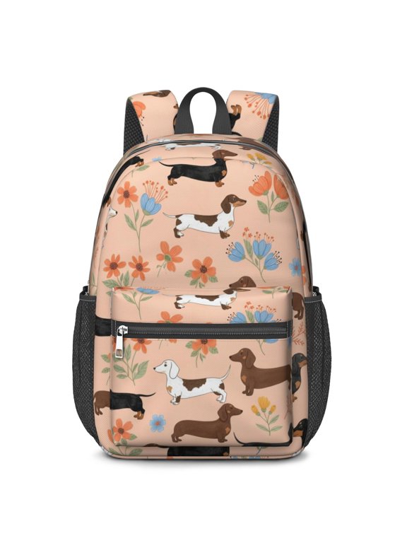 Dachshund and Floral Orange Pattern 17" School Backpacks for Teens,Waterproof Oxford Fabric,S-Shape Padded Straps for School,Travel,Hiking,Camping