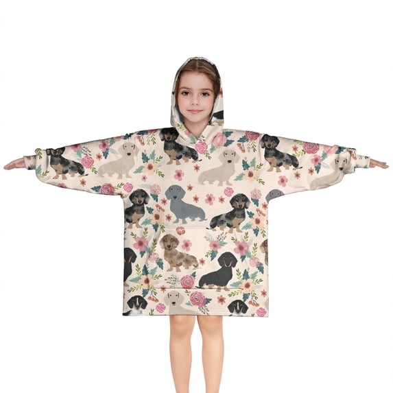 Dachshund and Flower Blanket Hoodies for Kids 6-13YR Oversize Wearable Blanket Hoodies for Boys Girls Teens