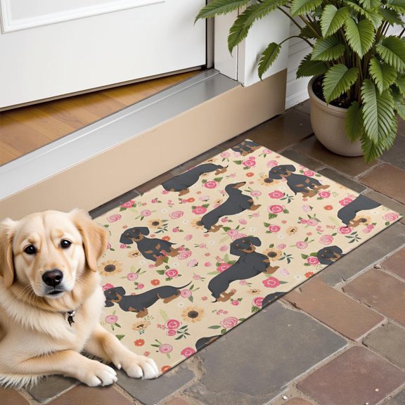 Dachshund and Flower Door Rugs,Washable Non Slip Door Mats Indoor,Decorative Door Mats,Entry Mat Indoor for Entrance,Bedroom,Kitchen,Bathroom,16"x24"