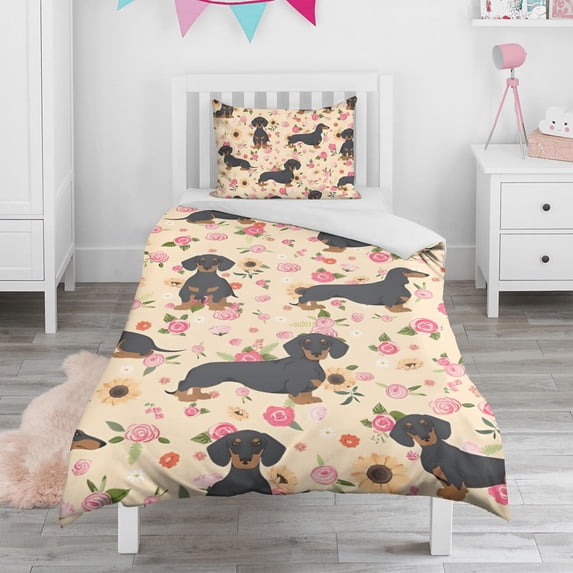 Dachshund and Flower Duvet Cover and Pillowcase Set for Single Bedding, Bedroom Accessories for Kids Teens