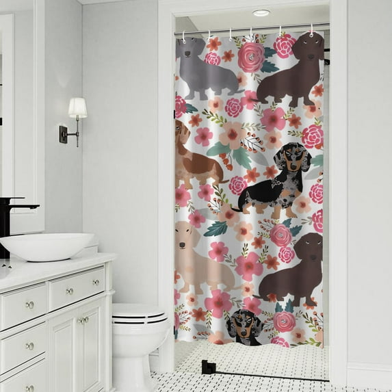 Dachshund and Flower Shower Curtain 36"x72" ,Bathroom Decorative Shower Curtains Set with 12 Hooks,Modern Waterproof Washable Shower Curtain