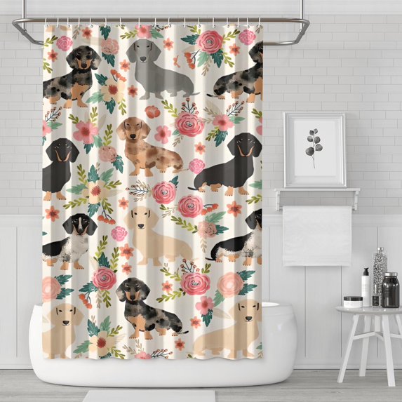 Dachshund and Flower Shower Curtain 72"x72" ,Bathroom Decorative Shower Curtains Set with 12 Hooks,Modern Waterproof Washable Shower Curtain