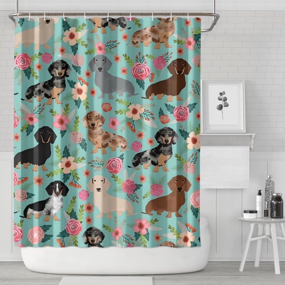 Dachshund and Flower Shower Curtain 72"x84" ,Bathroom Decorative Shower Curtains Set with 12 Hooks,Modern Waterproof Washable Shower Curtain