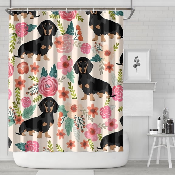 Dachshund and Flower Shower Curtain 84x72in ,Bathroom Decorative Shower Curtains Set with 12 Hooks,Modern Waterproof Washable Shower Curtain
