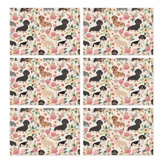 Dachshund and Flower Summer Placemats Table Placemats Set Of 6-Linen Kitchen Washable Placemats Table Mats 11.8"x17.7"Non-Slip Heat Resistant