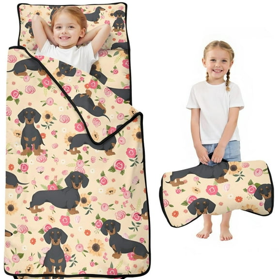 Dachshund and Flower Toddler Nap Mats for Kids Preschool,Sleeping Mat Bag or Kids,Toddler Sleeping Bag,Toddler Nap Mat or Daycare