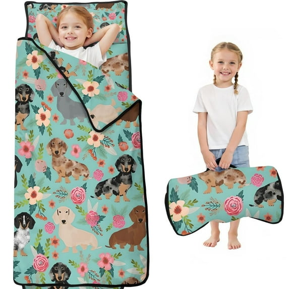 Dachshund and Flower Toddler Nap Mats for Kids Preschool,Sleeping Mat Bag or Kids,Toddler Sleeping Bag,Toddler Nap Mat or Daycare