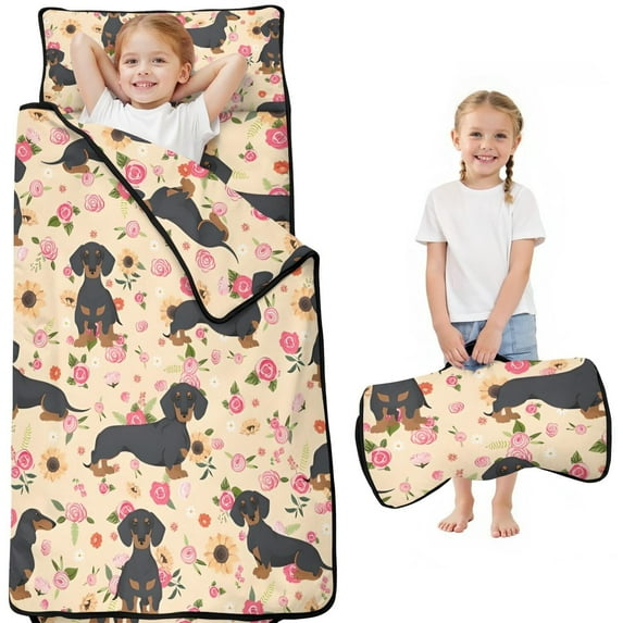 Dachshund and Flower Toddler Nap Mats for Kids Preschool,Sleeping Mat Bag or Kids,Toddler Sleeping Bag,Toddler Nap Mat or Daycare