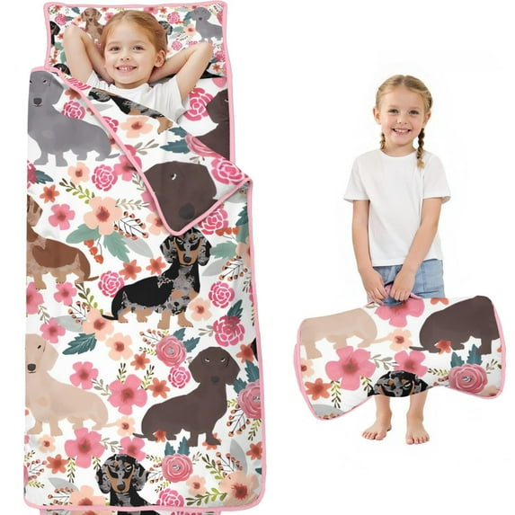 Dachshund and Flower Toddler Nap Mats for Kids Preschool,Sleeping Mat Bag or Kids,Toddler Sleeping Bag,Toddler Nap Mat or Daycare