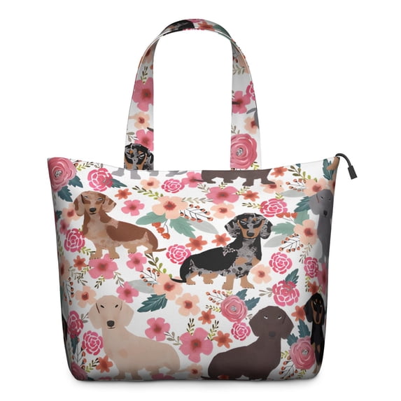 Dachshund and Flower Travel Tote Bags for Women Carry On,Large Weekender Bags for Women Travel,Multi Functional Duffle Bag for Work,Shopping,Sports