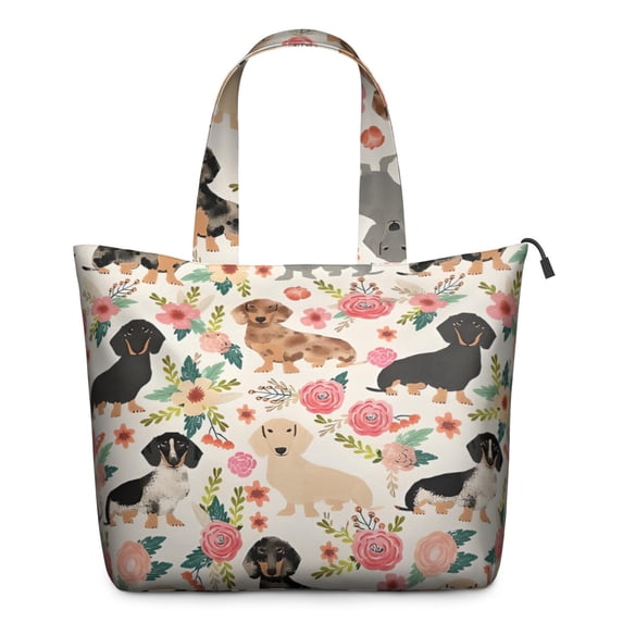 Dachshund and Flower Travel Tote Bags for Women Carry On,Large Weekender Bags for Women Travel,Multi Functional Duffle Bag for Work,Shopping,Sports