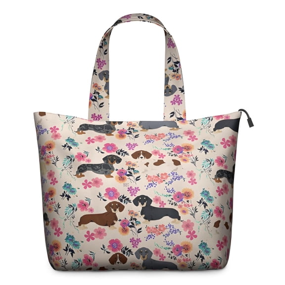 Dachshund and Flower Travel Tote Bags for Women Carry On,Large Weekender Bags for Women Travel,Multi Functional Duffle Bag for Work,Shopping,Sports