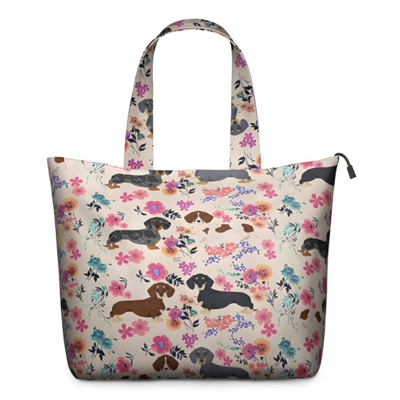 Dachshund and Flower Travel Tote Bags for Women Carry On,Large Weekender Bags for Women Travel,Multi Functional Duffle Bag for Work,Shopping,Sports