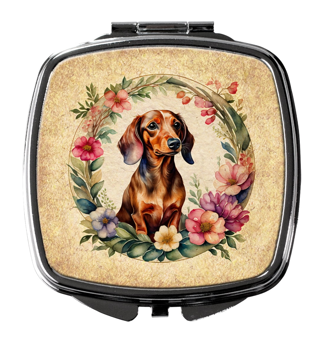 Dachshund and Flowers Compact Mirror 2.75 in x 3 in