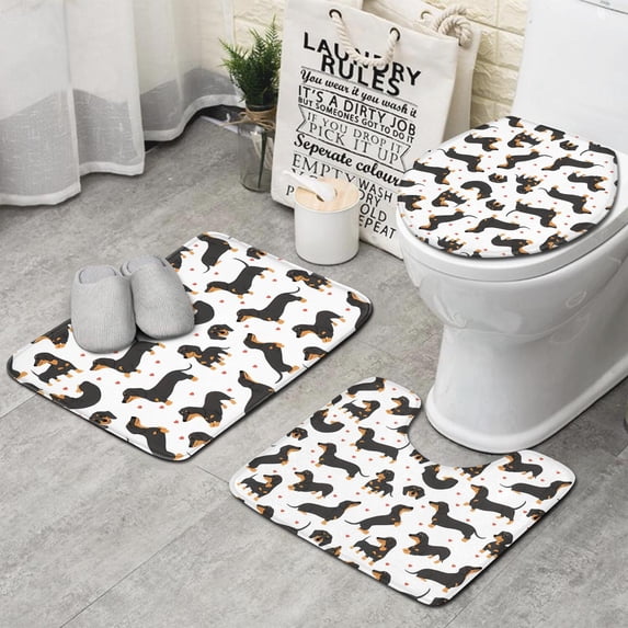 Dachshund and Heart Bathroom Rugs Sets 3 Piece,Toilet Cover Set,Absorbent Non Slip Bathroom Mats Sets with U-Shaped Contour Rug Toilet Rug Set
