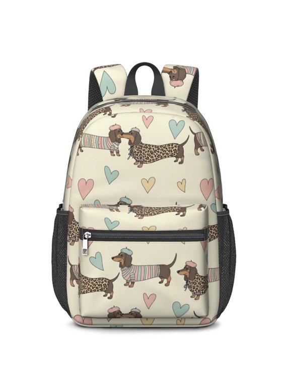 Dachshund and Heart Beige Pattern 17" Waterproof Oxford School Backpacks for Teens, S-Shape Padded Straps, for School, Travel, Hiking, Camping