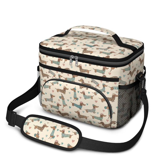 Dachshund and Heart Beige Pattern Insulated Lunch Box for Women Men, Medium Leakproof Cooler Bag with Adjustable Strap, 10"x6.7"x8"